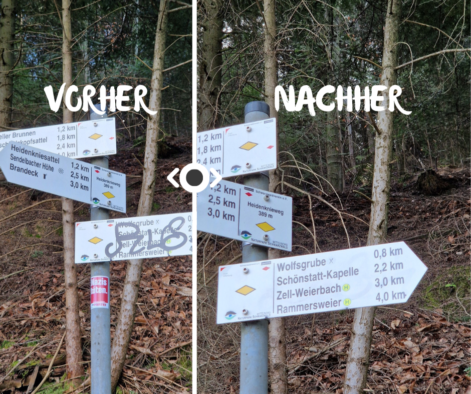 Wegweise am Heidenknie: Vor und nach der Reinigung